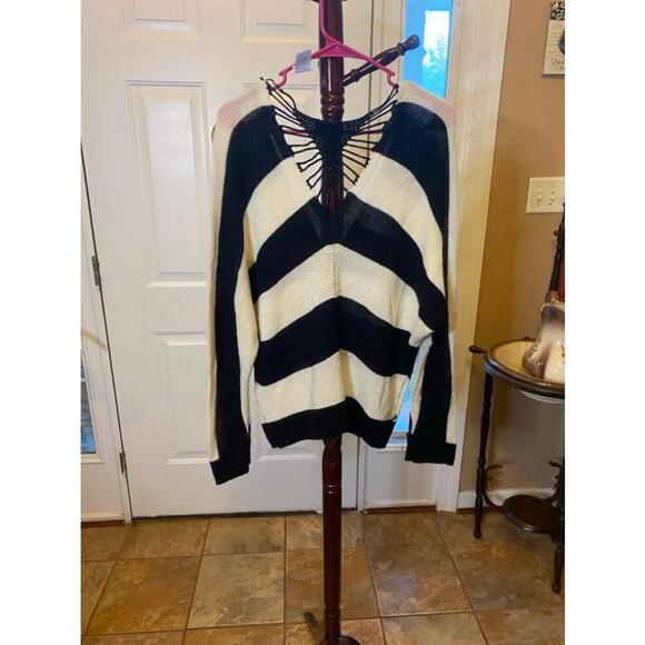 Women's Mine Striped Crocheted Back Sweater - Size M - Black/White - Picture 4 of 5